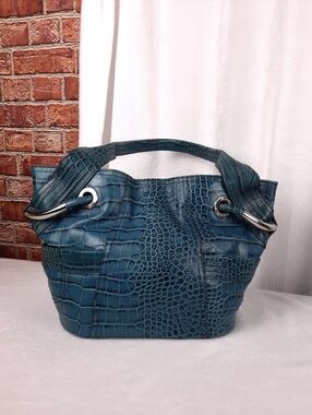B Makowsky  Croc-Embossed Blue Leather Tote Bag